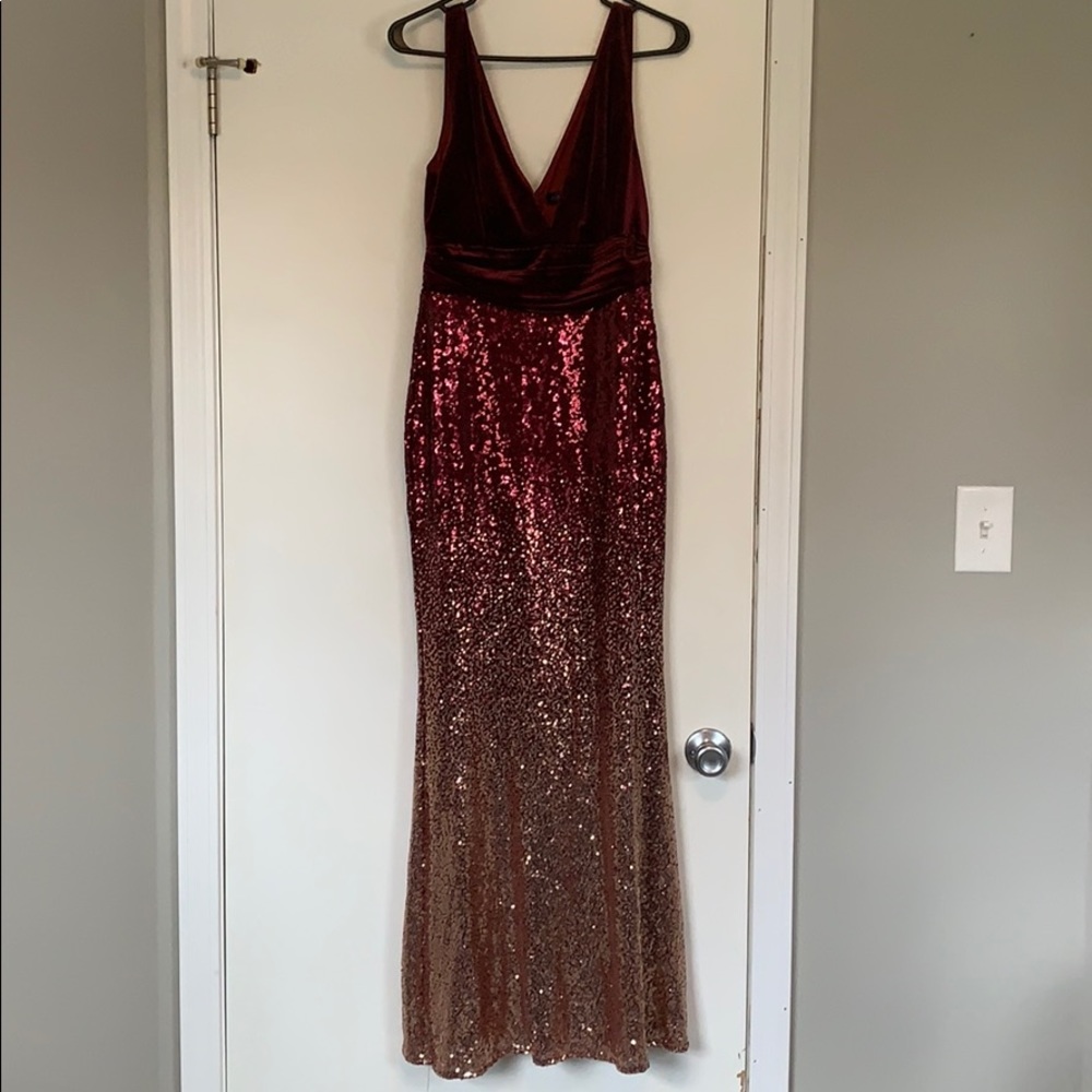 Full length dress with burgundy and gold sequence